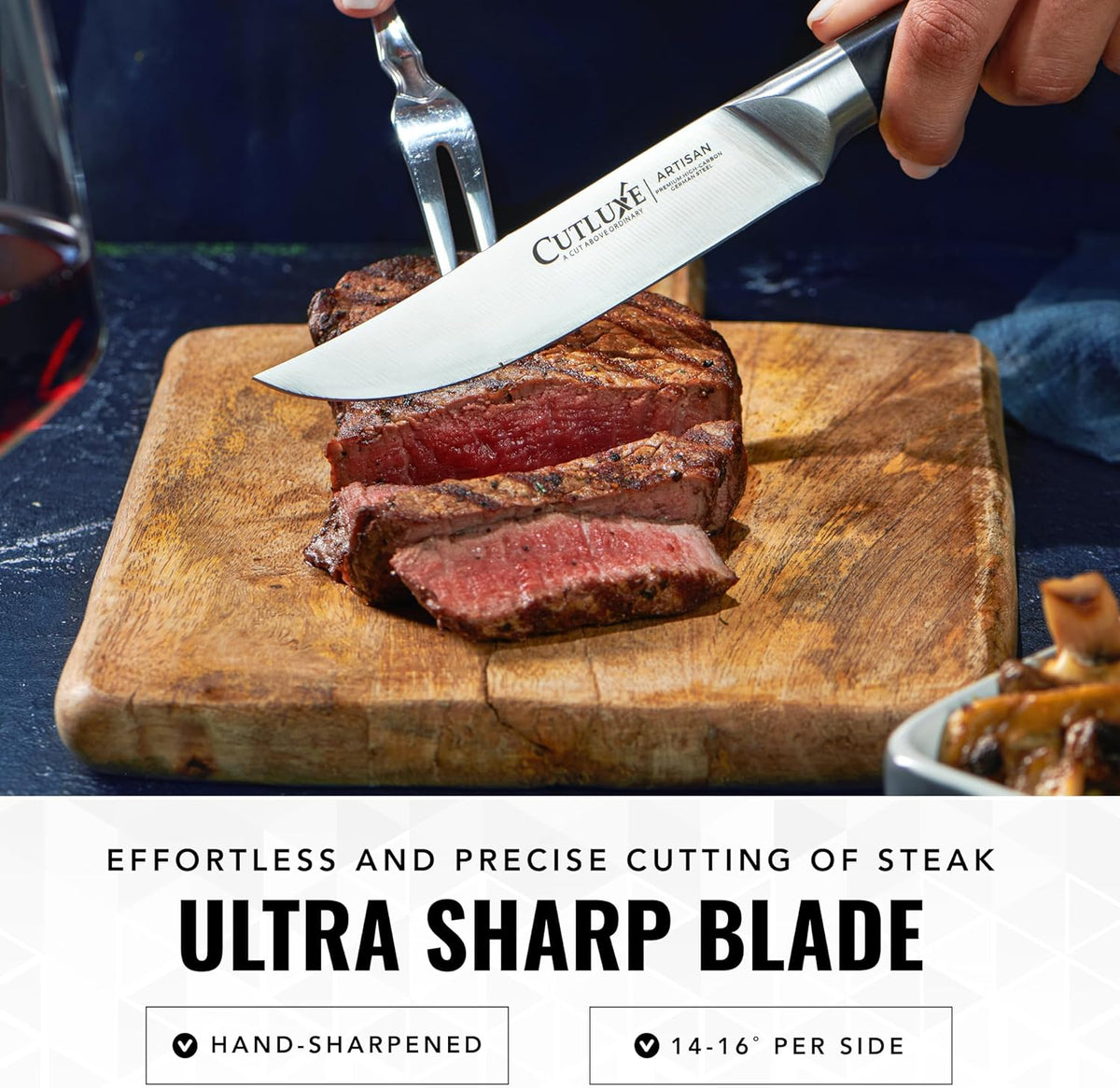 Product image 3 of 10: Ultra sharp knife slicing medium-rare steak on wooden cutting board
