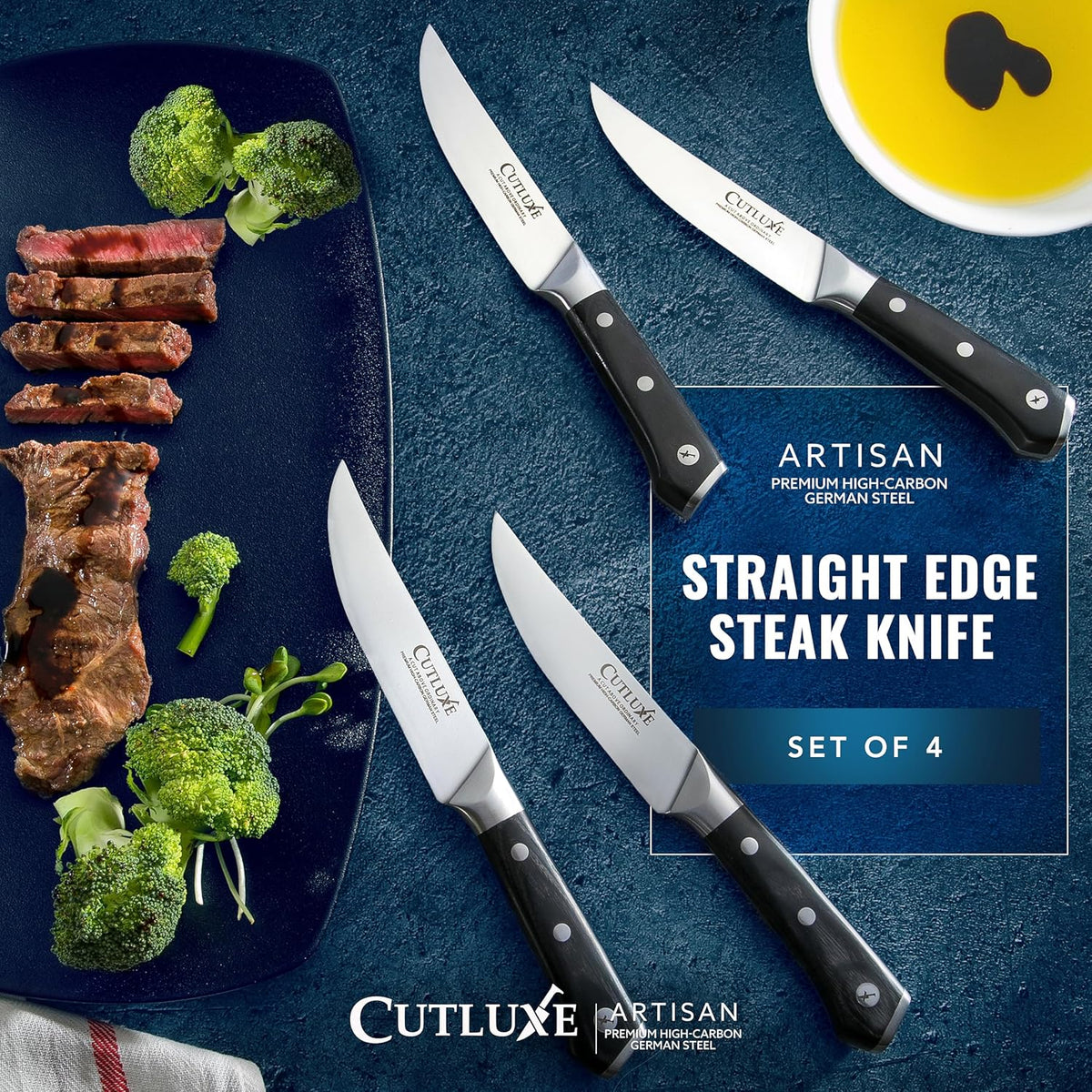 Product image 4 of 10: Set of 4 straight edge steak knives with premium high-carbon German steel, paired with sliced steak and broccoli
