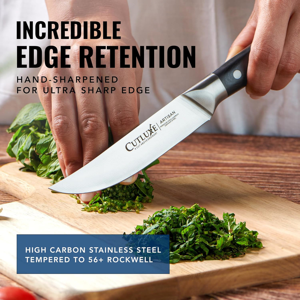 Product image 5 of 10: Hand-sharpened kitchen knife slicing herbs on wooden cutting board, high carbon stainless steel
