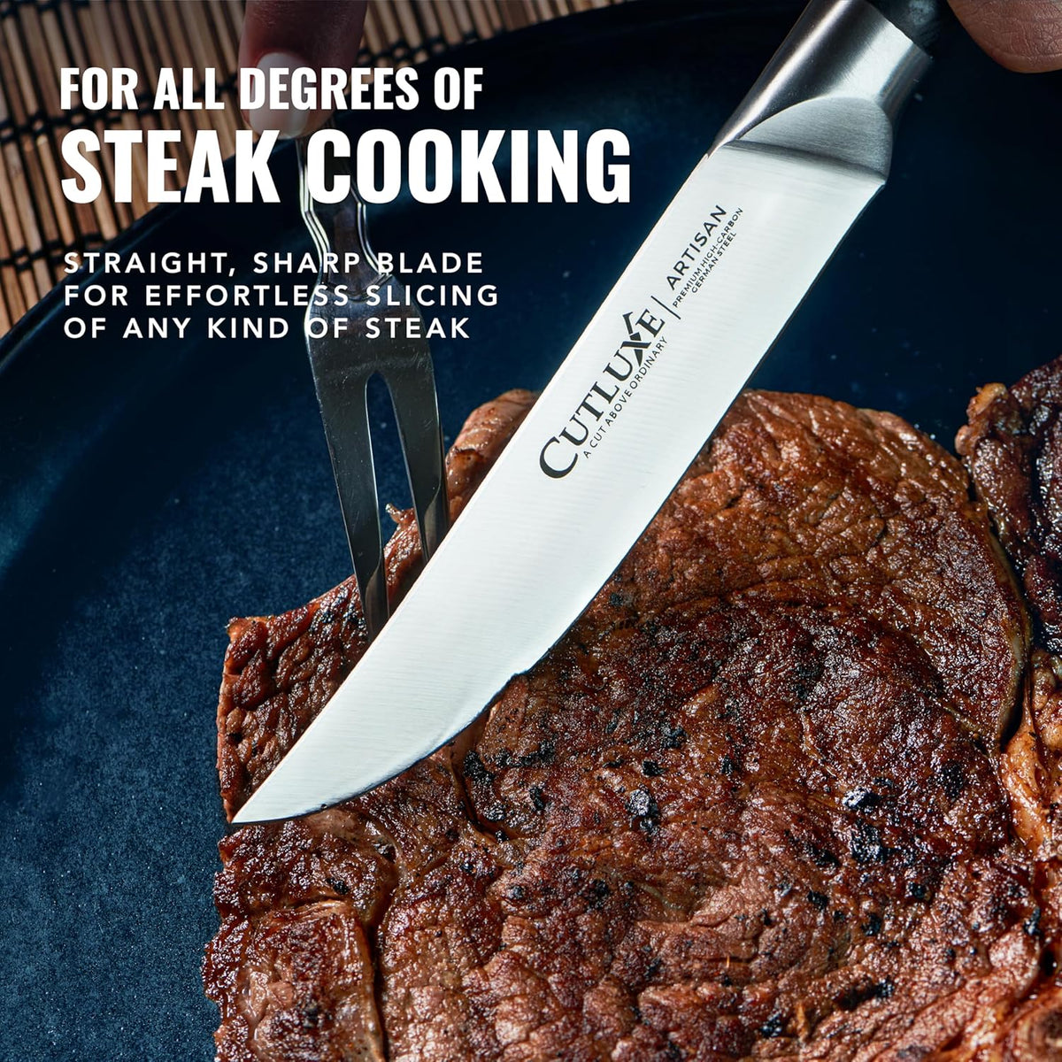 Product image 6 of 10: Sharp steak knife slicing cooked steak, ideal for all cooking degrees