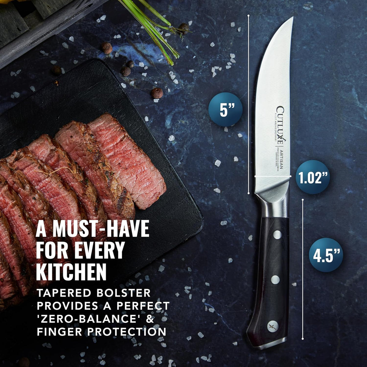 Product image 7 of 10: 5-inch kitchen knife with tapered bolster, ideal for slicing steak, perfect for home cooks and chefs