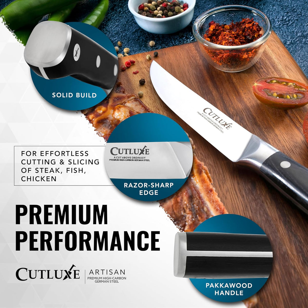 Product image 8 of 10: Premium kitchen knife with razor-sharp edge, pakkawood handle, slicing steak on wooden board