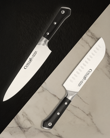 Two Cutluxe Artisan kitchen knives on black and marble surfaces, featuring sharp blades and ergonomic black handles.
