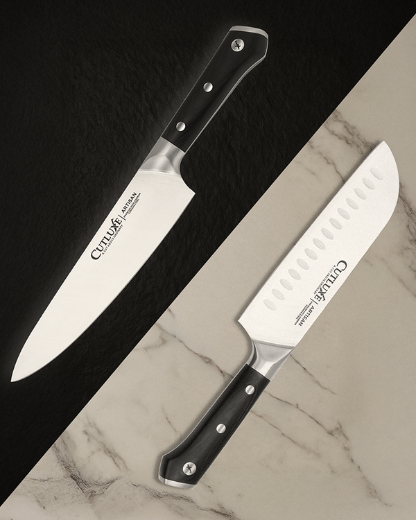 Two Cutluxe Artisan kitchen knives on black and marble surfaces, featuring sharp blades and ergonomic black handles.