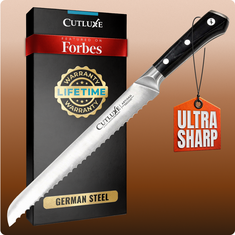 Ultra sharp serrated bread knife with German steel blade, black handle, and lifetime warranty packaging