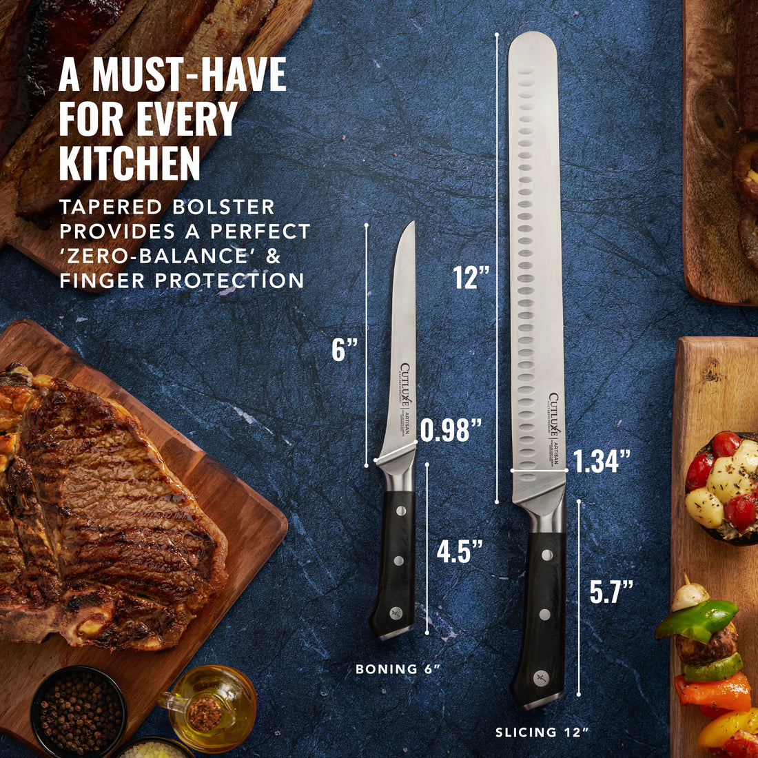 Ultra sharp artisan kitchen knives with sleek black handles and stainless steel blades, featured on Forbes