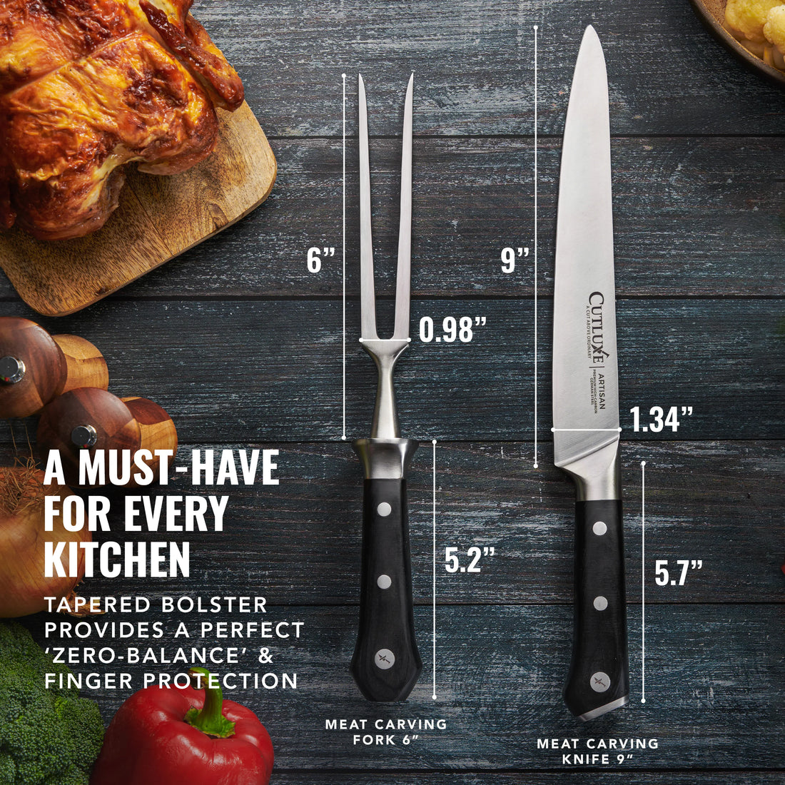 Ultra sharp artisan carving knife and fork set with wooden handles, featured on Forbes
