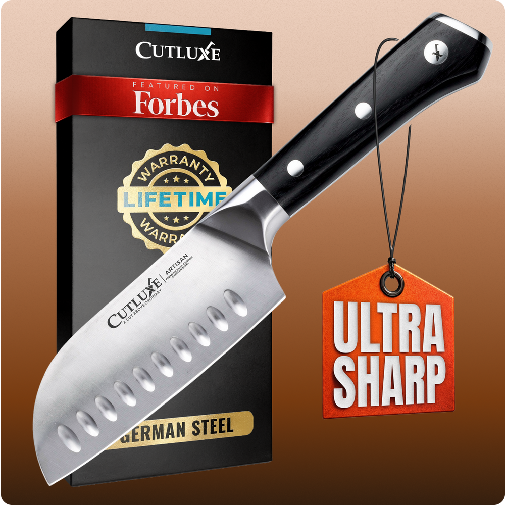 Ultra sharp German steel kitchen knife with black handle, lifetime warranty, featured on Forbes