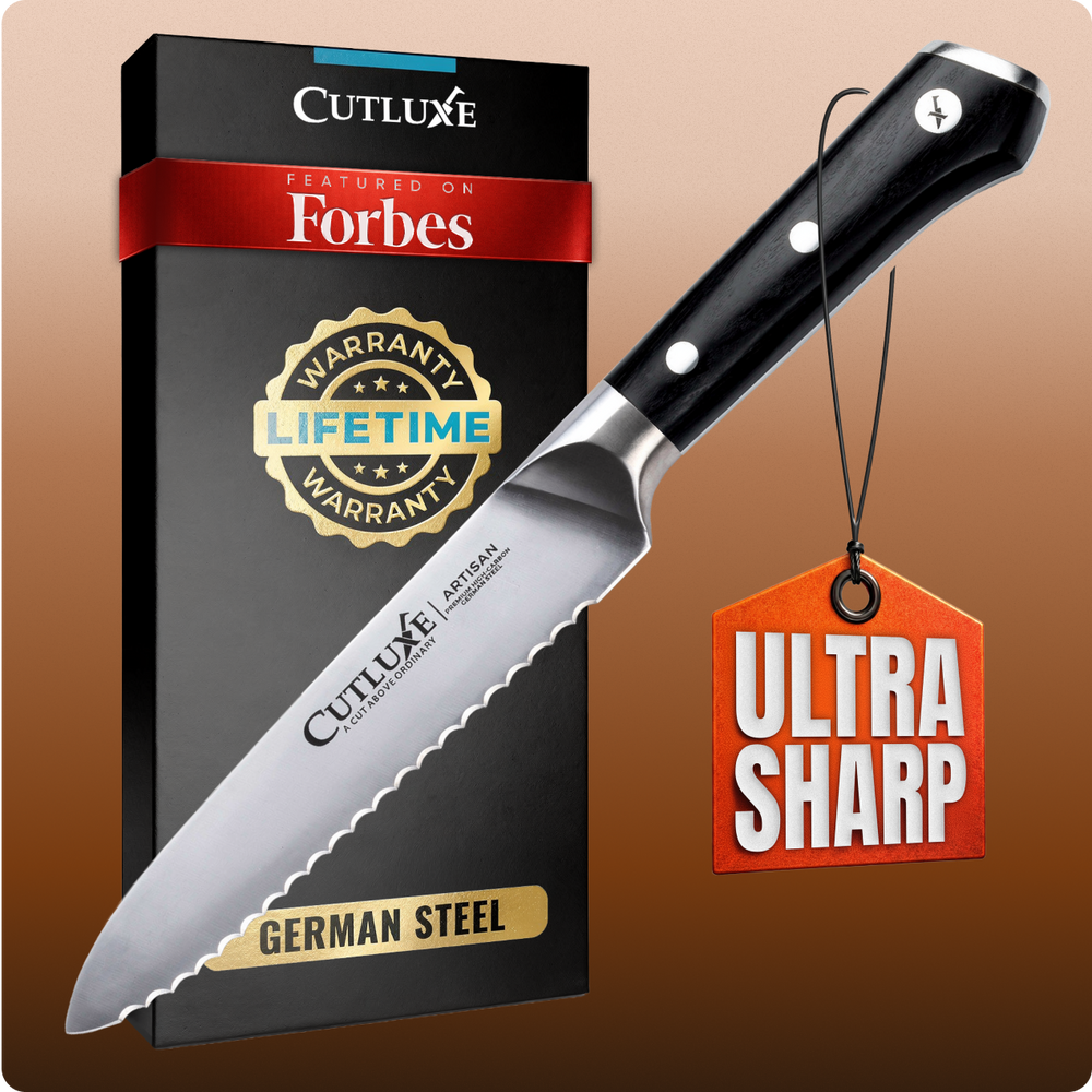 Ultra sharp German steel kitchen knife with lifetime warranty, featured on Forbes