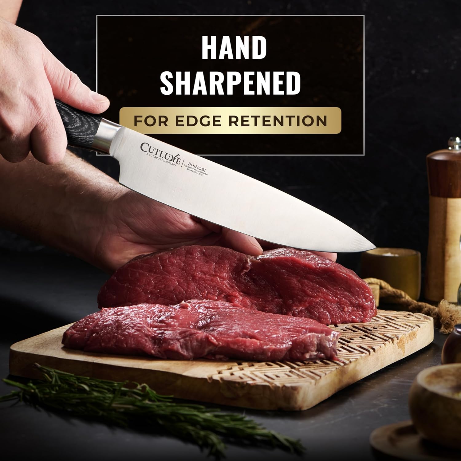 Product image 3 of 11: Person holding a chef's knife over raw meat on a wooden cutting board with 'Cutlure' branding.