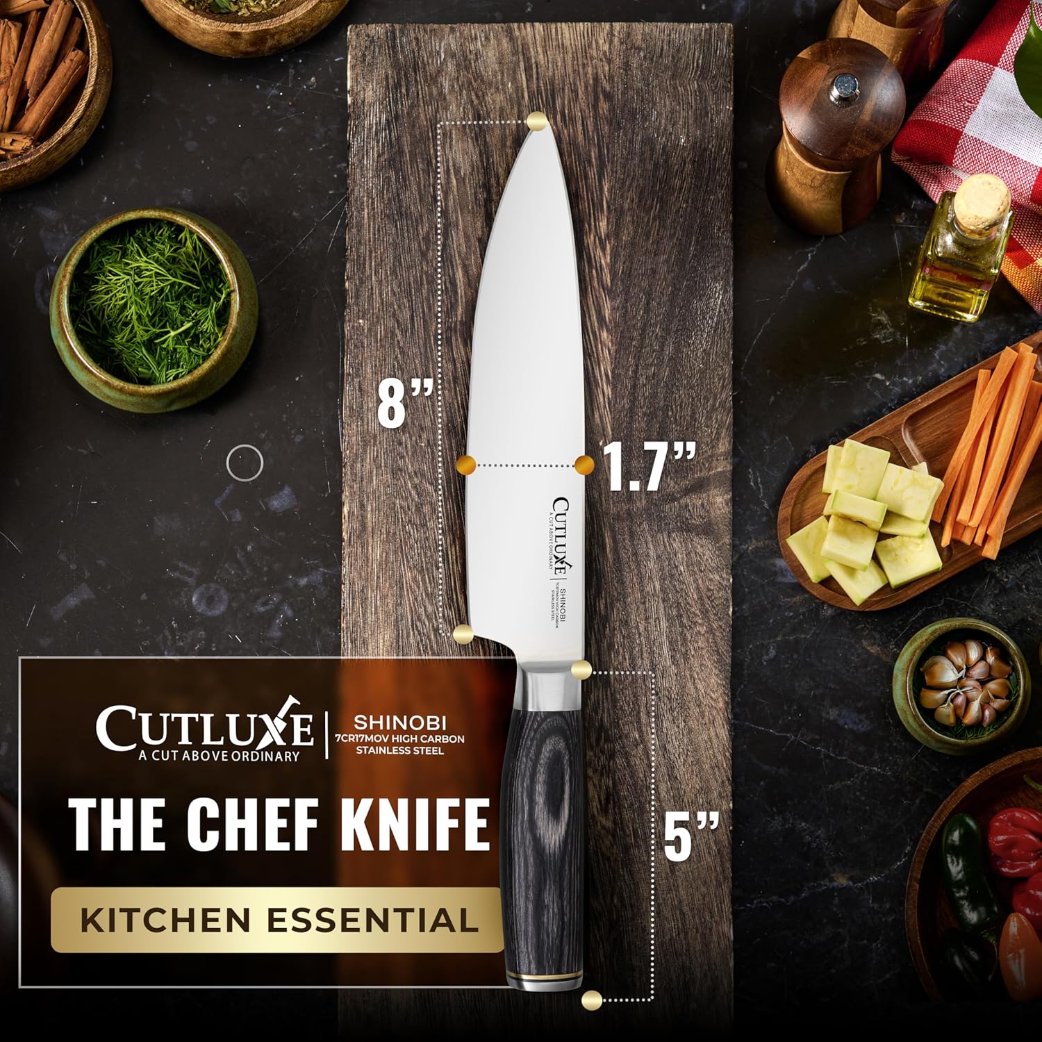 Product image 2 of 11: Cutluxe chef knife with measurements on a dark surface with ingredients