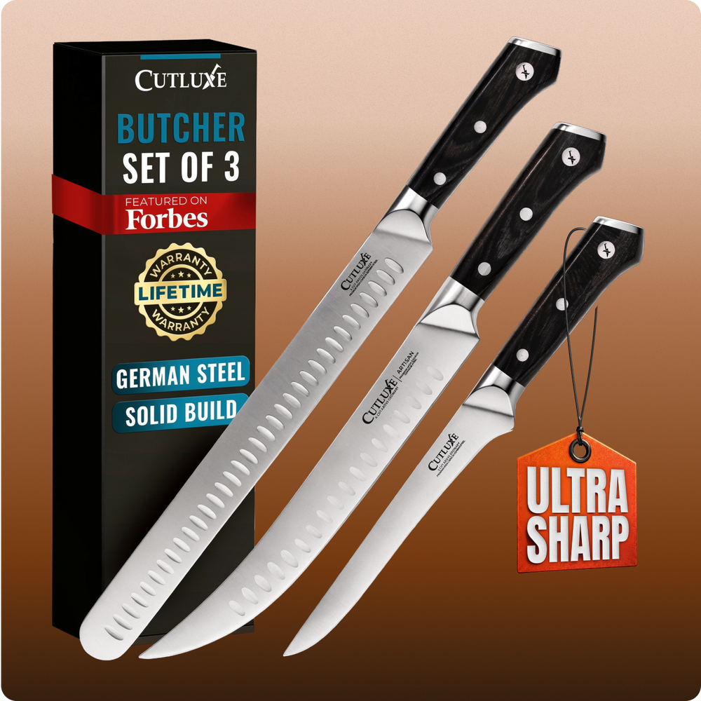 Butcher knife set of 3 with German steel blades, solid build, ultra sharp, lifetime warranty