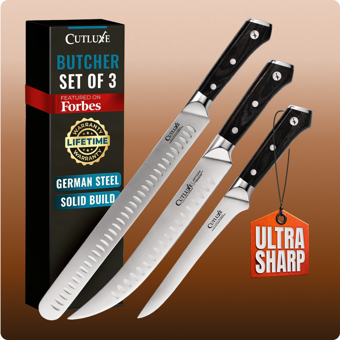 Set of three butcher knives with a Cutluxe packaging box on a brown background
