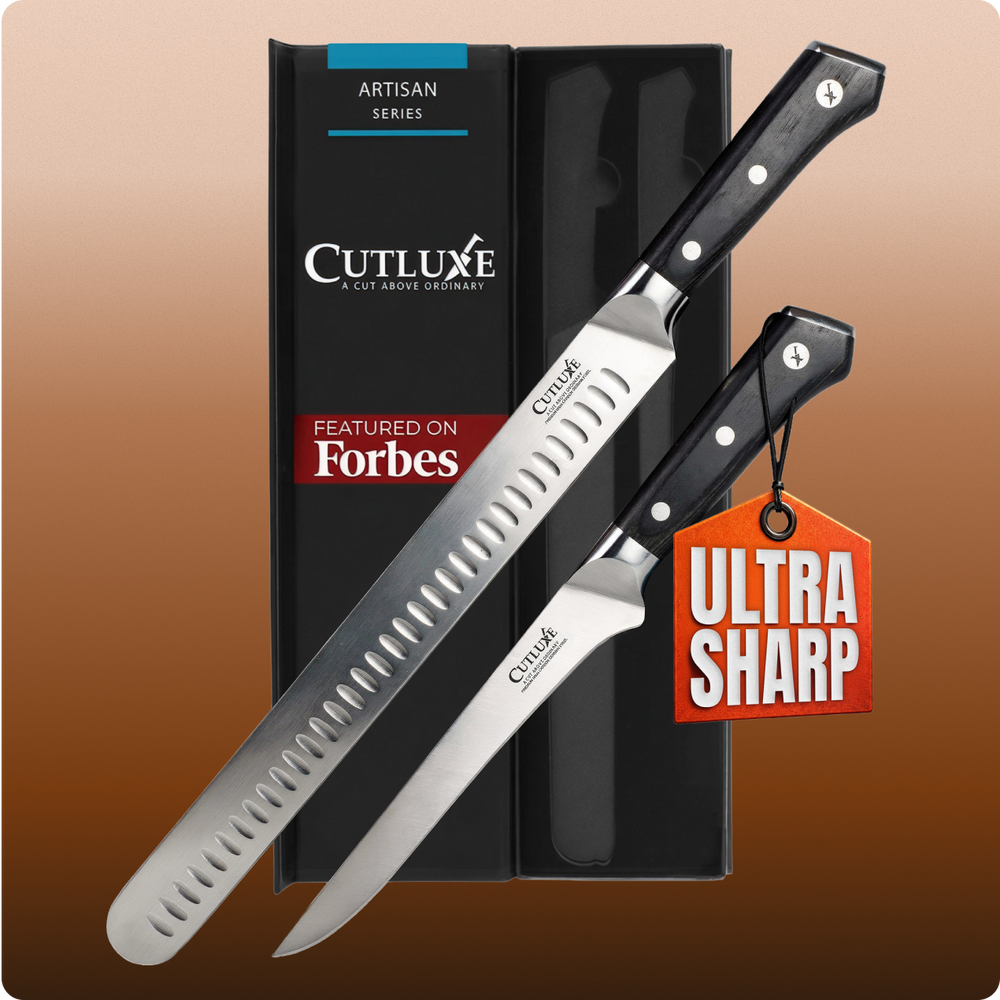 Ultra sharp artisan kitchen knives with sleek black handles and stainless steel blades, featured on Forbes