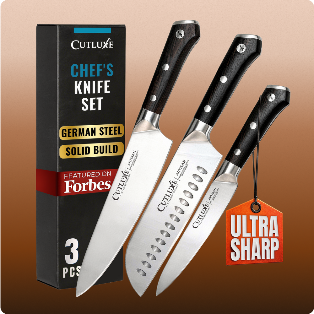 Ultra sharp German steel chef's knife set with solid build, 3 pieces, featured on Forbes