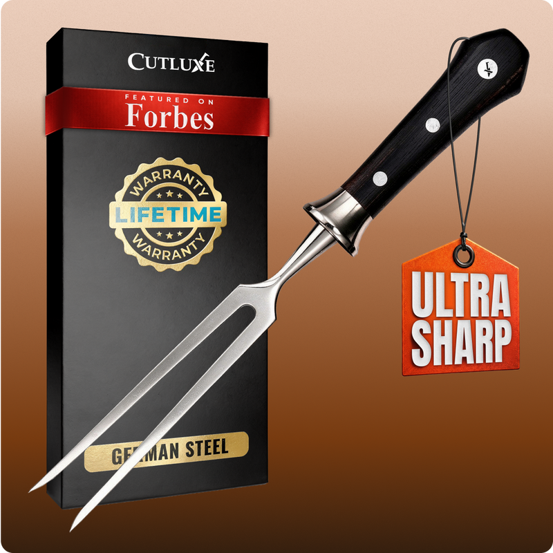 Ultra sharp German steel carving fork with lifetime warranty, featured on Forbes