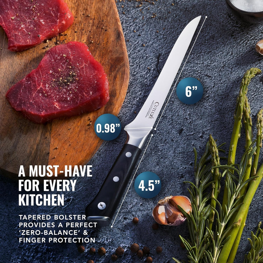 Ultra sharp German steel kitchen knife with lifetime warranty, featured on Forbes, ideal for home cooks and chefs