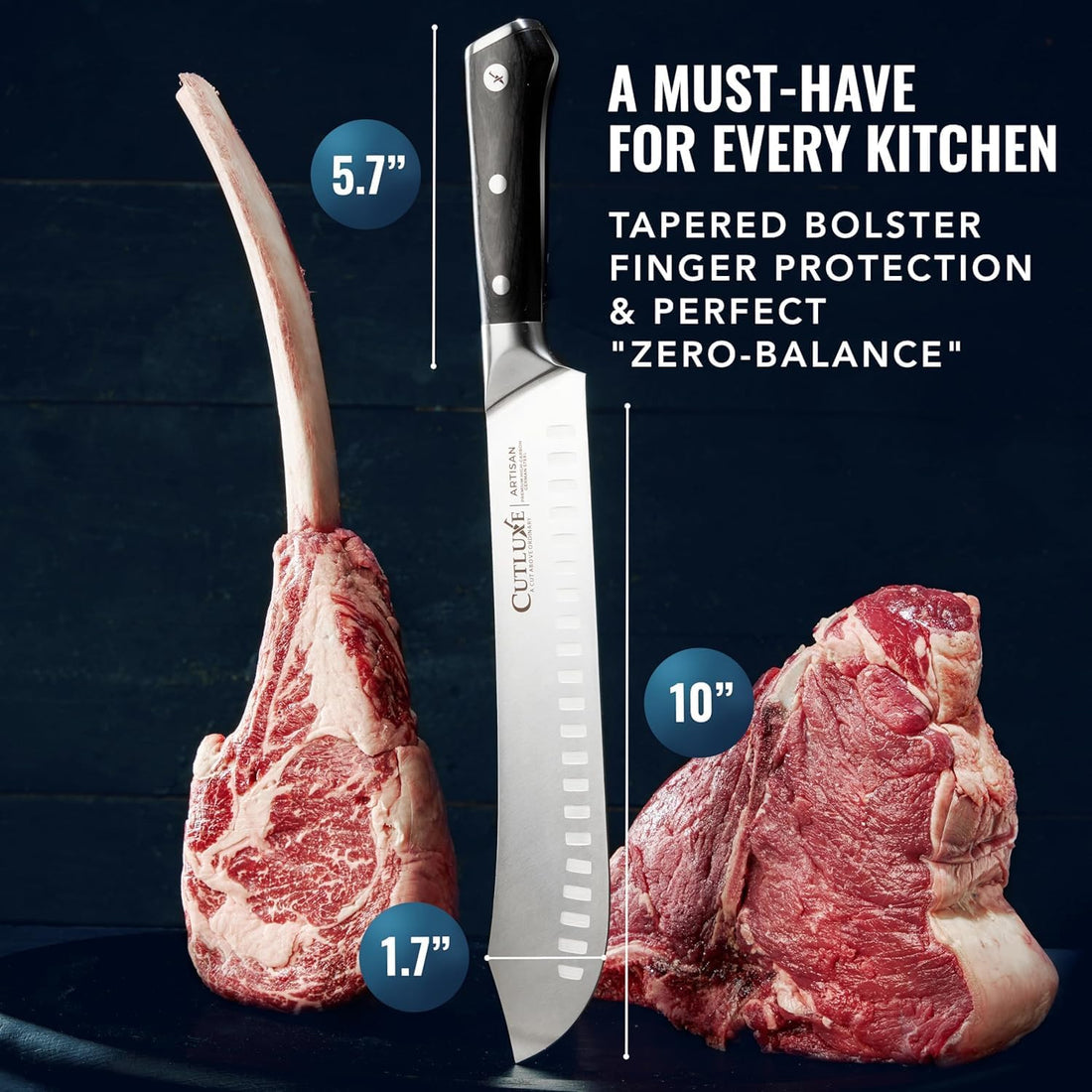 Ultra sharp Cutluxe kitchen knife with lifetime warranty, featured on Forbes, German steel blade
