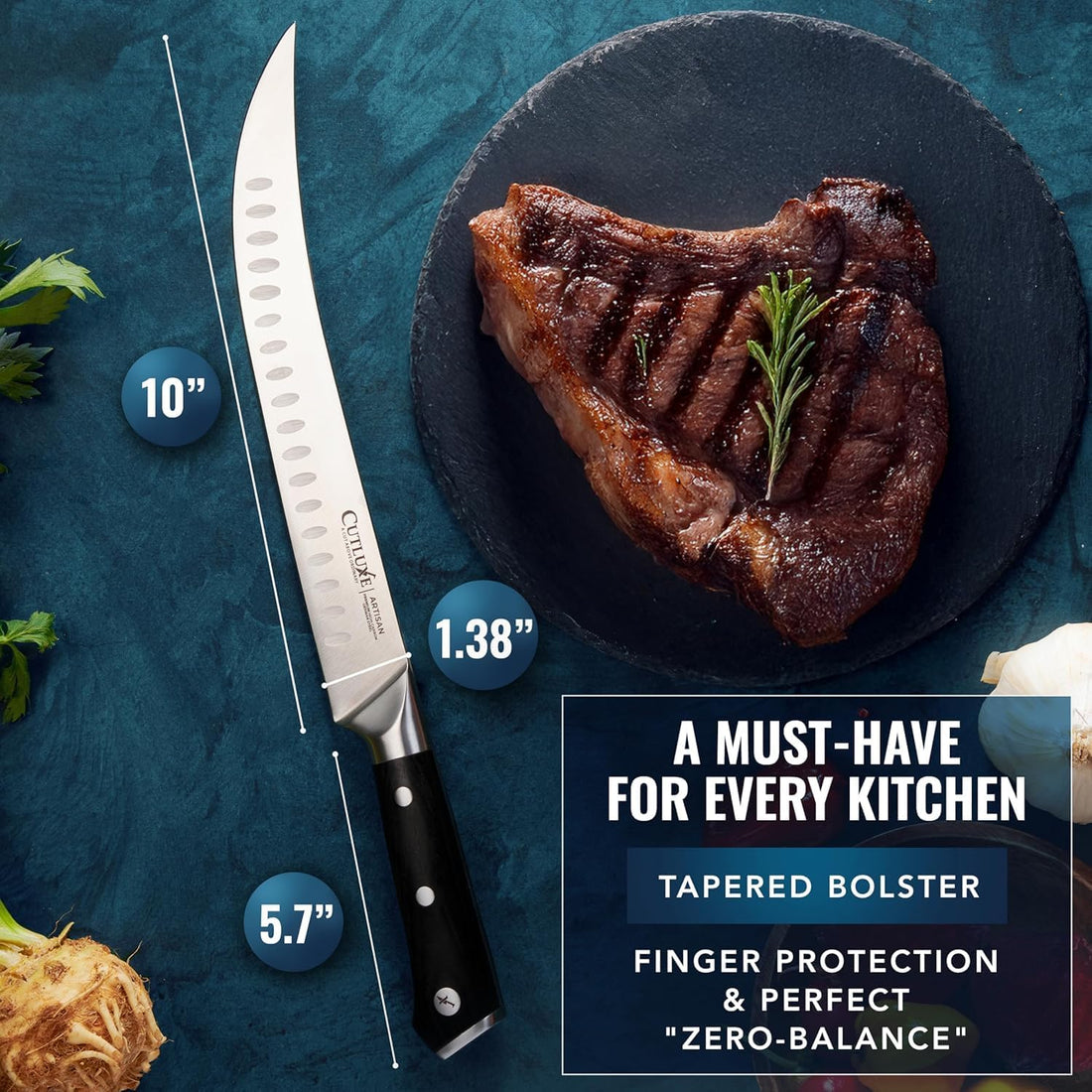 Ultra sharp Cutluxe chef knife with lifetime warranty, German steel blade, black handle, Forbes featured