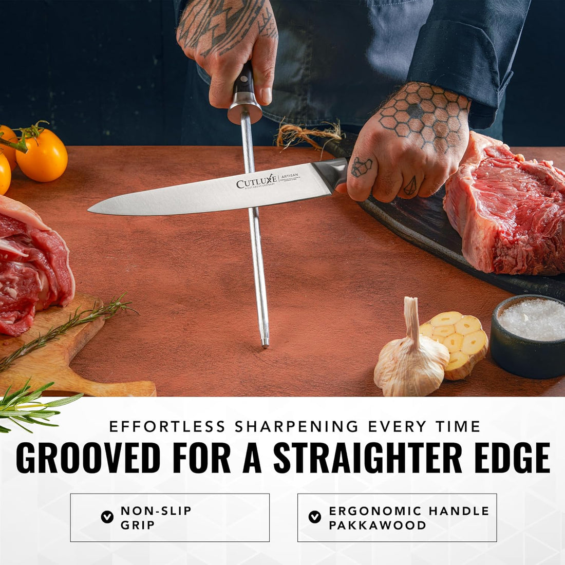 Ultra sharp German steel kitchen knife with lifetime warranty, featured on Forbes, in sleek black packaging