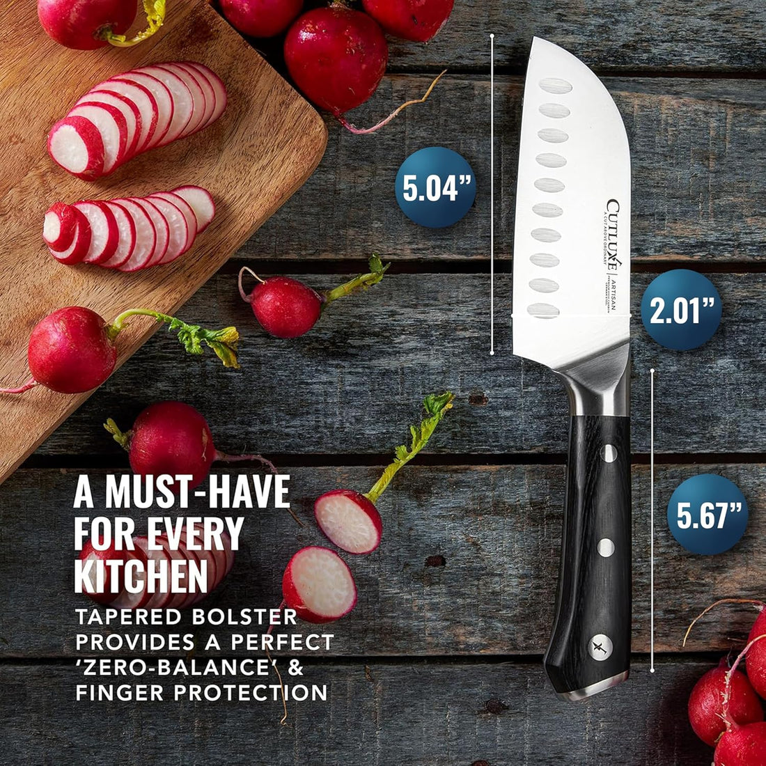 Ultra sharp German steel kitchen knife with black handle, lifetime warranty, featured on Forbes
